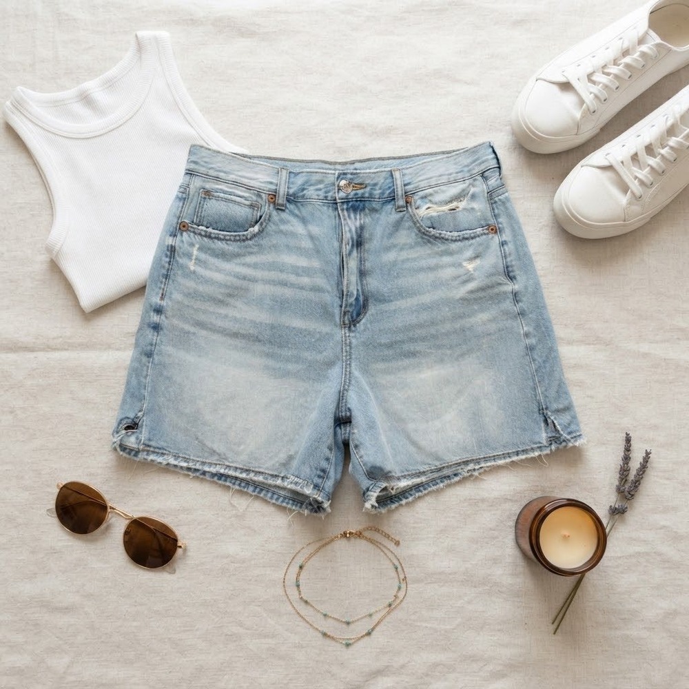 American Eagle Highest Rise Baggy Shorts Light Wash Distressed Denim 10